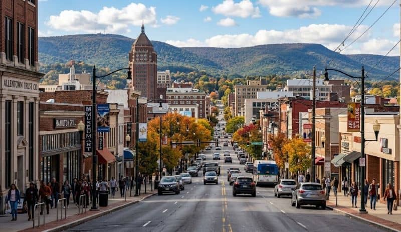 Historic downtown asheville street with shops and colorful fall trees.