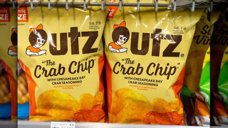 Two bag of Utz Crab Chips on a store shelf