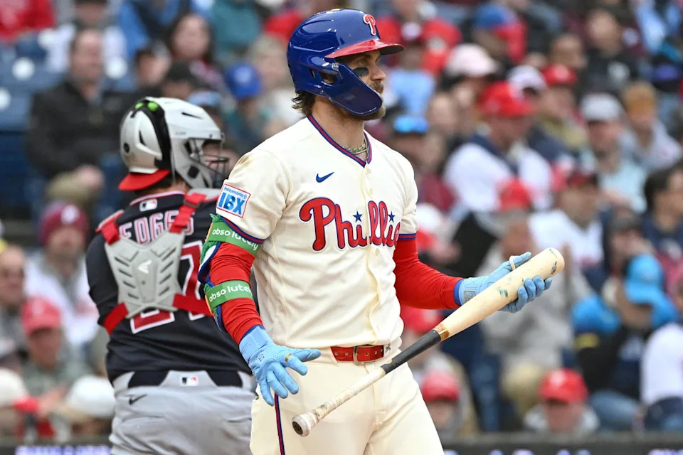 May 24, 2026; Philadelphia, Pennsylvania, USA; Philadelphia Phillies first baseman Bryce Harper (3) reacts after striking out to end the fifth inning against the Cleveland Guardians at Citizens Bank Park. Mandatory Credit: Eric Hartline-Imagn Images