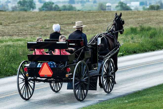 Amish family in horse drawn buggy LANCASTER COUNTY, PENNSYLVANIA, ROCKS, UNITED STATES - 2016/05/20: Amish family in horse drawn buggy. (Photo by John Greim/LightRocket via Getty Images)