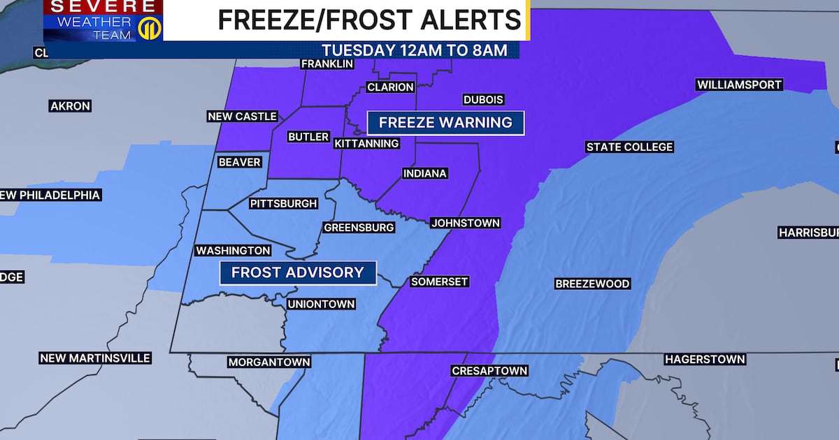Freeze Warnings and Frost Advisories issued for Pittsburgh region overnight