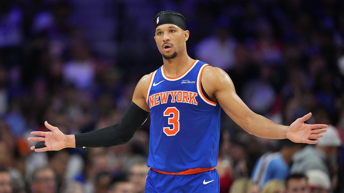 New York Knicks guard Josh Hart reacting during NBA playoff game at Xfinity Mobile Arena