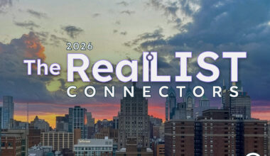A city skyline at sunset with the text "2026 The RealLIST Connectors" displayed prominently over the buildings.