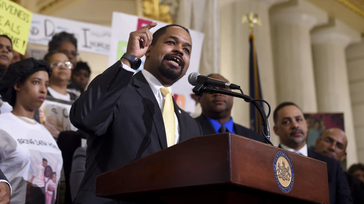 PA State Senator Sharif Street speaking at a rally at the Capitol Building