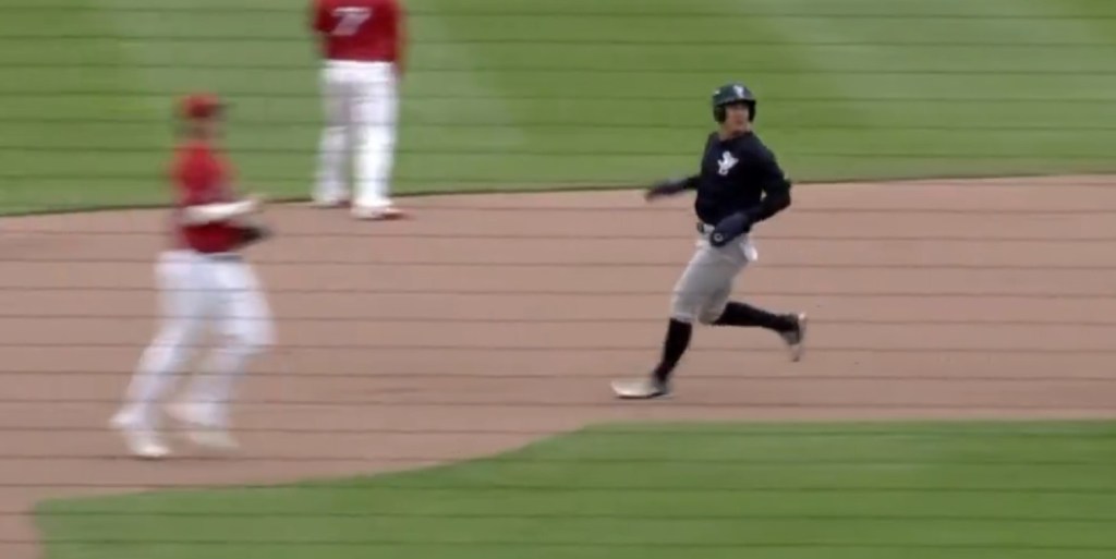 Anthony Volpe slows down while approaching second base as Spencer Jones hits a double during a Scranton/Wilkes-Barre game on May 6, 2026.