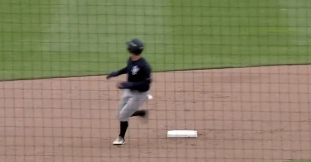 Anthony Volpe looks toward the outfield while rounding second during a Scranton/Wilkes-Barre game on May 6, 2026.