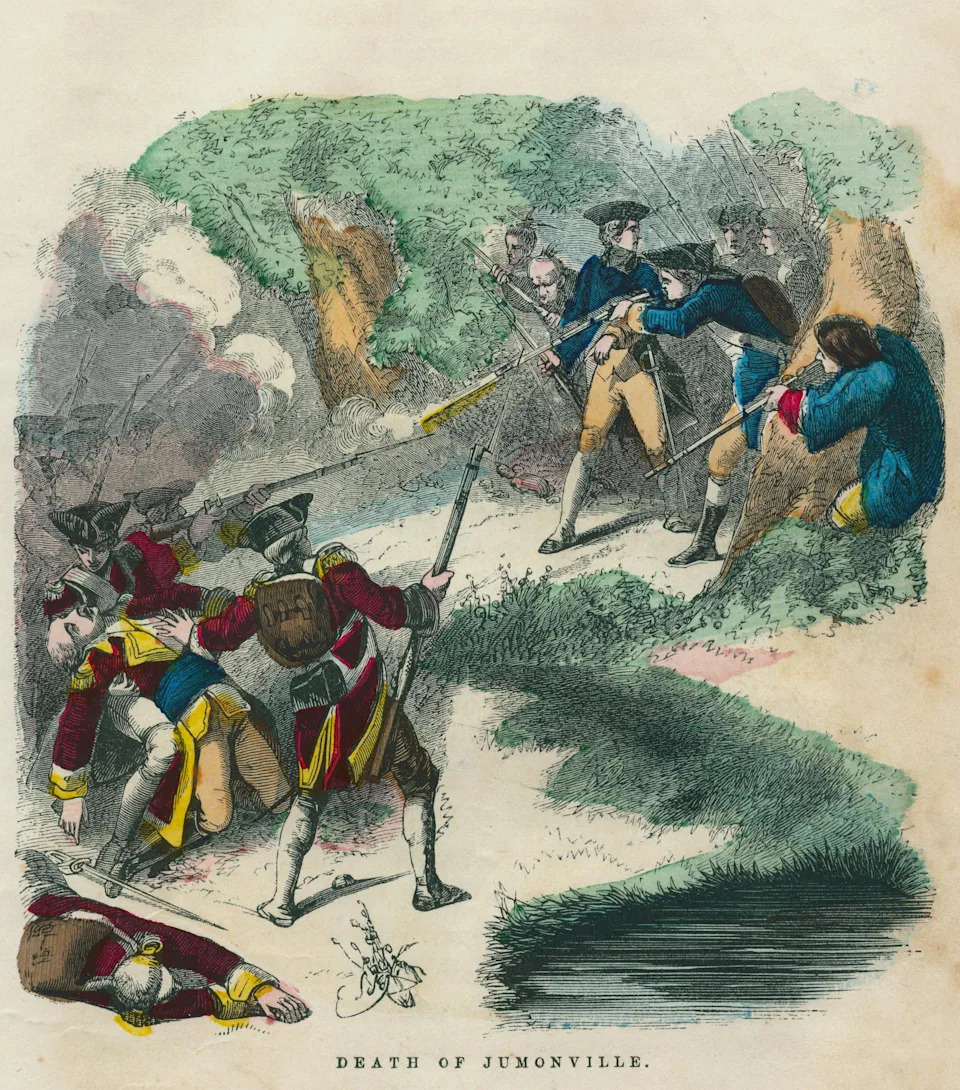 A color illustration showing battle between soldiers in red and blue coats.