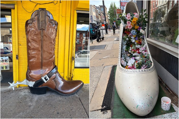 On the left, a life-size cowboy boot with spur. On the right, a giant high heel stuffed with flowers