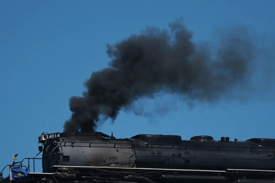 Exhaust risers from the steam locomotive Union Pacific’s Big Boy No. 4014, in Nicholson, Pa., Saturday, June 13, 2026, as part of a coast-to-coast tour to celebrate America’s 250th anniversary. (AP Photo/Matt Rourke)