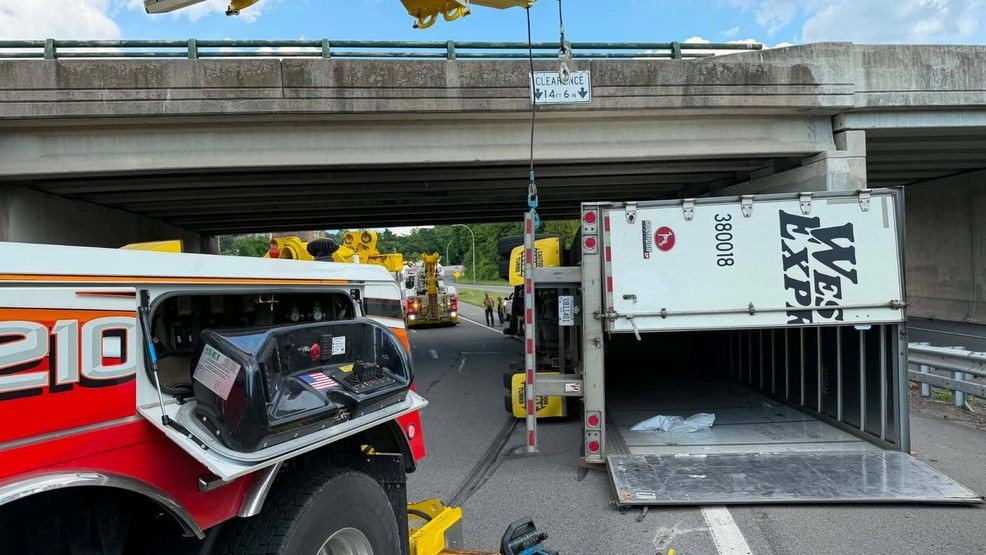 A tractor-trailer rolled over on the President Biden Expressway outbound in Scranton Monday afternoon. (Photo Courtesy: Rusty Fender)