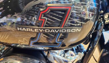 Close-up of a Harley-Davidson motorcycle gas tank featuring a large number 1 graphic and the Harley-Davidson logo.