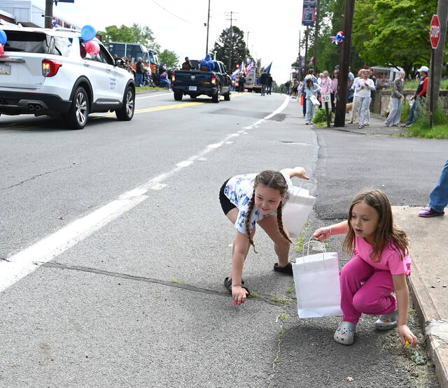 <p>Natalie Fumia, left, and Isabella Puleo, right, both 7, were packing their bags with candy thrown from vehicles participating in the 125th anniversary parade of the Borough of Duryea on May 30.</p>
<p>Tony Callaio | For Sunday Dispatch</p>