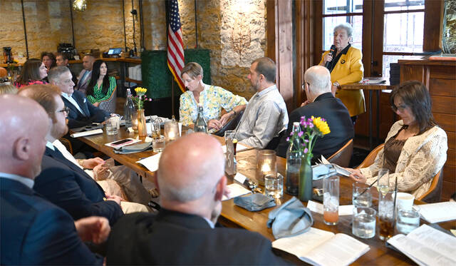 <p>Maria Capolarella-Montante, right, gave a brief history of the Pittston Memorial Library and presented the 2025 Jean Yates Award. Capolarella-Montante is a 2010 recipient of the Jean Yates Award.</p>
<p>Tony Callaio | For Sunday Dispatch</p>