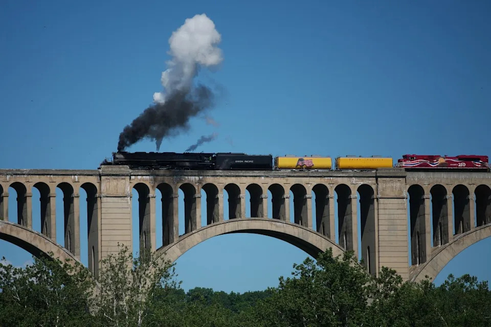 The steam locomotive Union Pacific’s Big Boy No. 4014 travels along the Tunkhannock Creek Viaduct in Nicholson, Pa., Saturday, June 13, 2026, as part of a coast-to-coast tour to celebrate America’s 250th anniversary. (AP Photo/Matt Rourke)