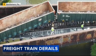 Freight train derails on bridge over the Lehigh River in Bethlehem, Pa.