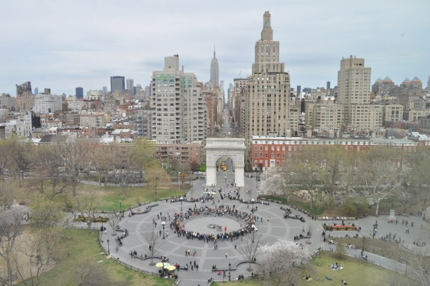 Washington Square Park in March 2012, in a photograph by Joe Mabel taken from the ninth floor of New York University's Kimmel Center, on the south side of the park. Jane Jacobs was instrumental in halting plans for the Lower Manhattan Expressway to be built through the park and West Village. Jacobs' efforts to stop the expressway led to her arrest during a demonstration in 1968. (U.S. LIBRARY OF CONGRESS PRINTS AND PHOTOGRAPHS DIVISION)