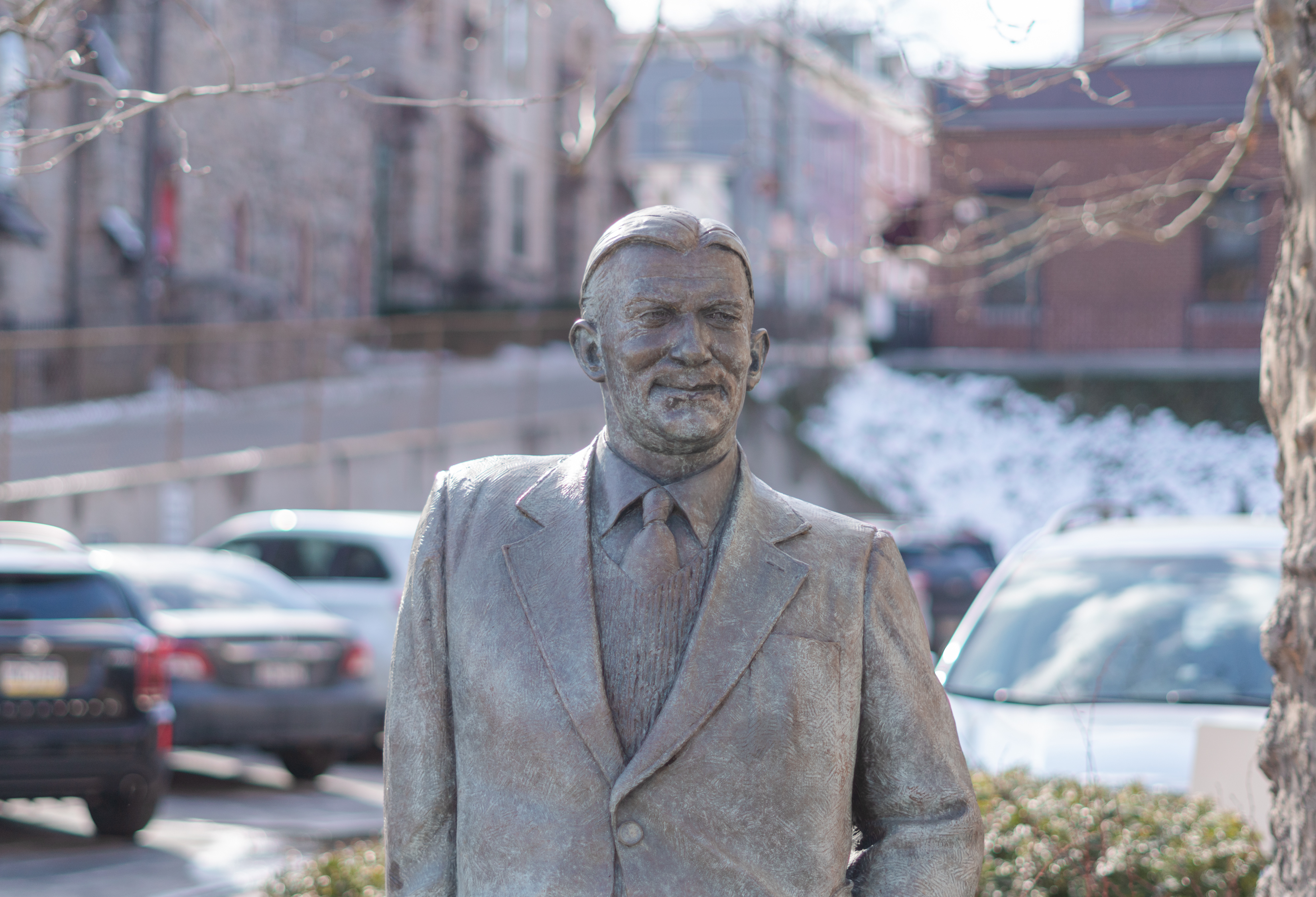 A statue of John O’Hara stands on S. Centre St....