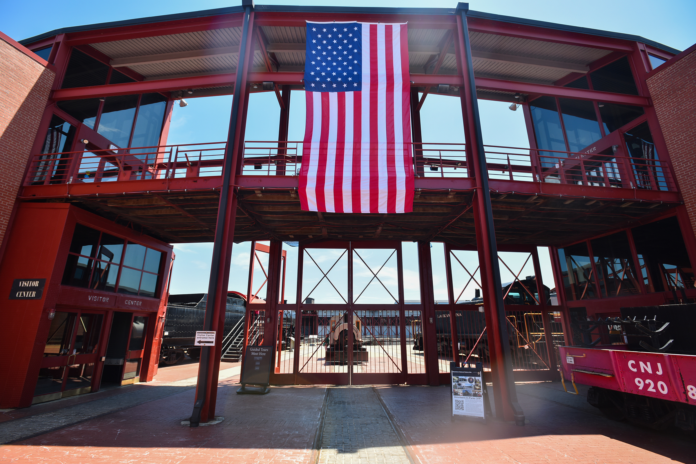 An American flag hangs at the entrance to the Steamtown...