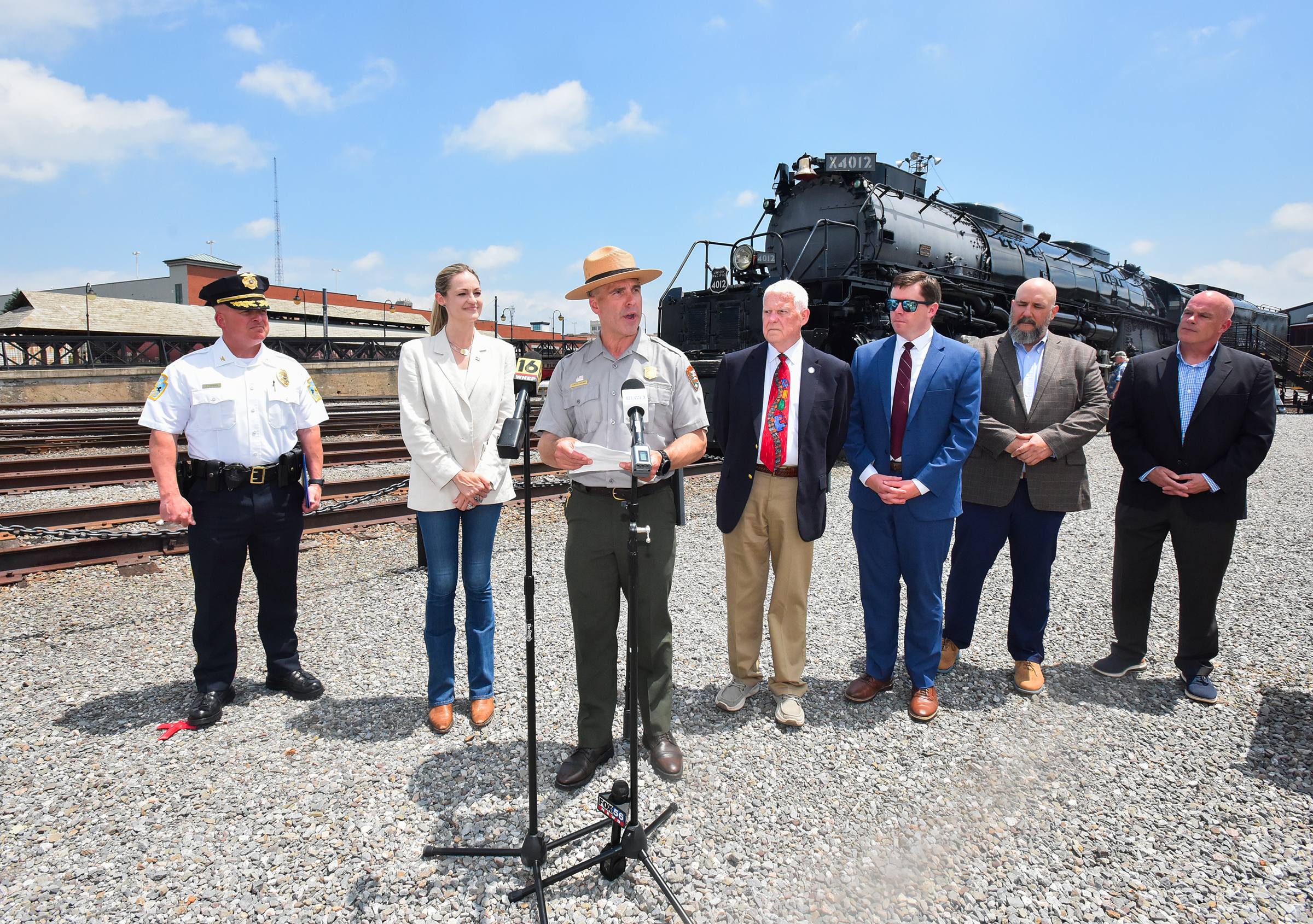 Superintendent of Steamtown National Historic Site Jeremy Komasz speaks during...