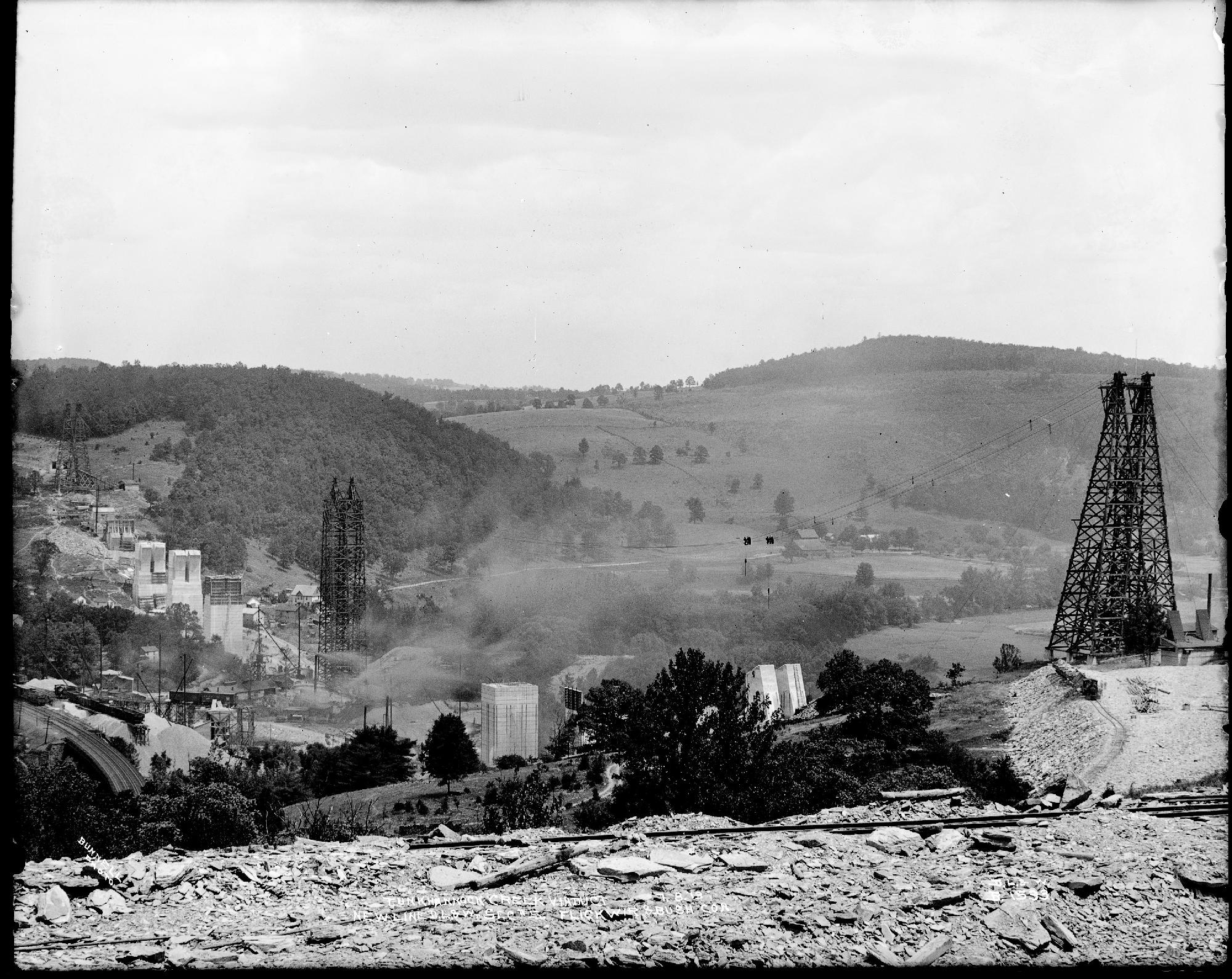 Construction is ongoing in 1913 on the Tunkhannock Viaduct, commonly...