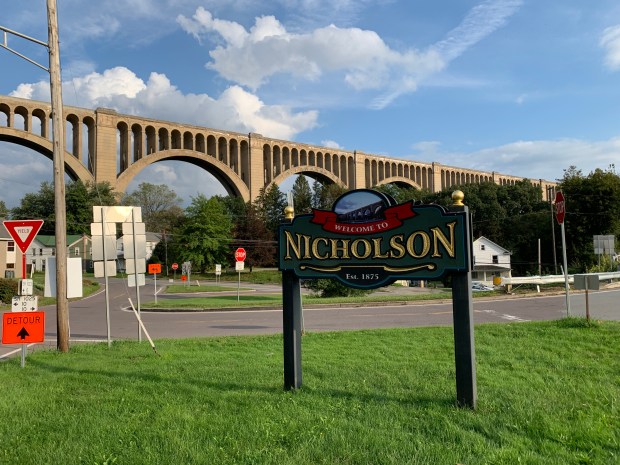 The Tunkhannock Creek Viaduct, also known as the Nicholson Viaduct,, Nicholson Bridge and Tunkhannock Viaduct, an historic rail bridge in Nicholson, PA. that opened in 1915 and remains in use, shown here on Sept. 18, 2021. (JIM LOCKWOOD / STAFF PHOTO)