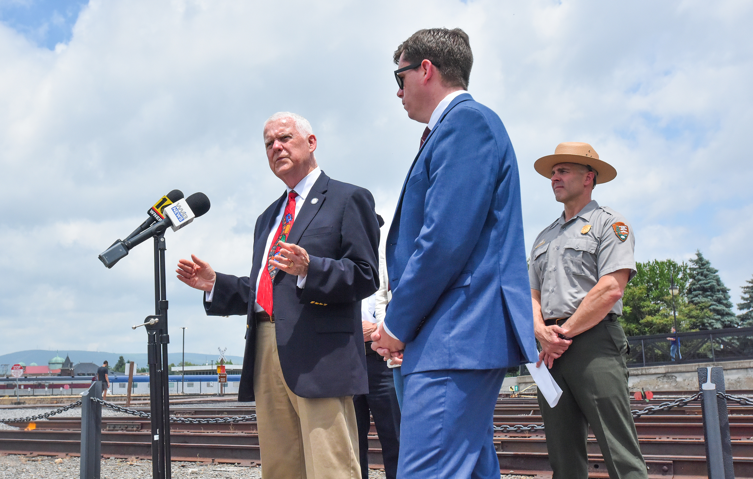 Lackawanna County Commissioner Thom Welby speaks during a press conference...