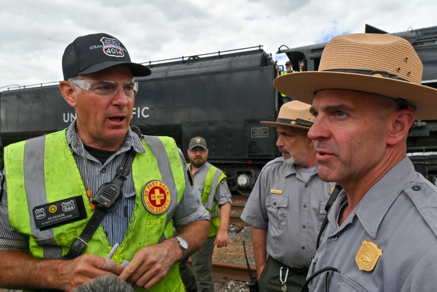 Ed Dickens, left, senior manager of heritage operations for Union Pacific, and Steamtown Superintendent Jeremy Komasz talk about the Big Boys.