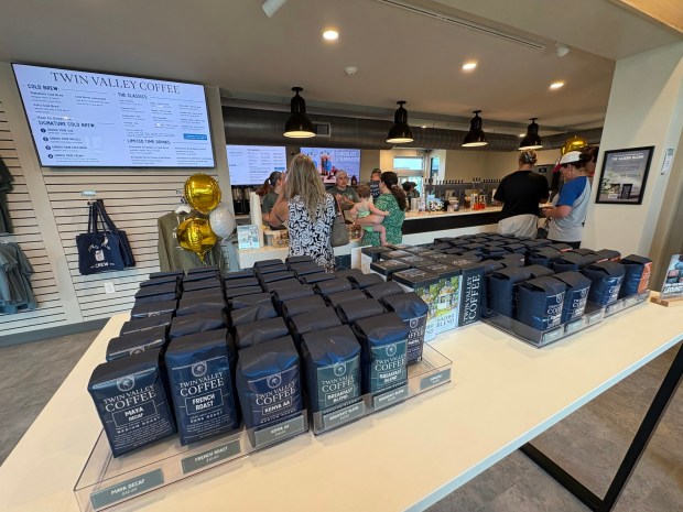 Bags of Twin Valley Coffee on display at Twin Valley Coffee's new Main Street Café in Caernarvon Township, Berks County. (BILL UHRICH/MEDIANEWS GROUP)