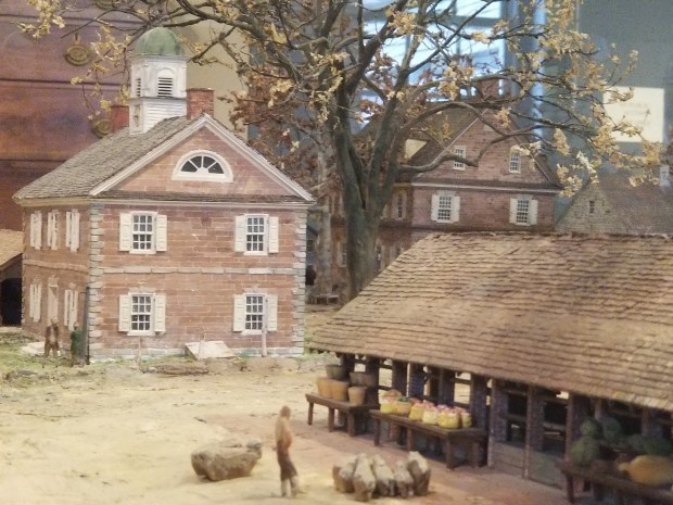 The Berks County courthouse and a market stall are seen in this model of Colonial Reading made by the Museum Extension Project, W.P.A., and dedicated to the Historical Society of Berks County, now Berks History Center, in 1941. (Courtesy of Floyd Turner, former president of the BHC)