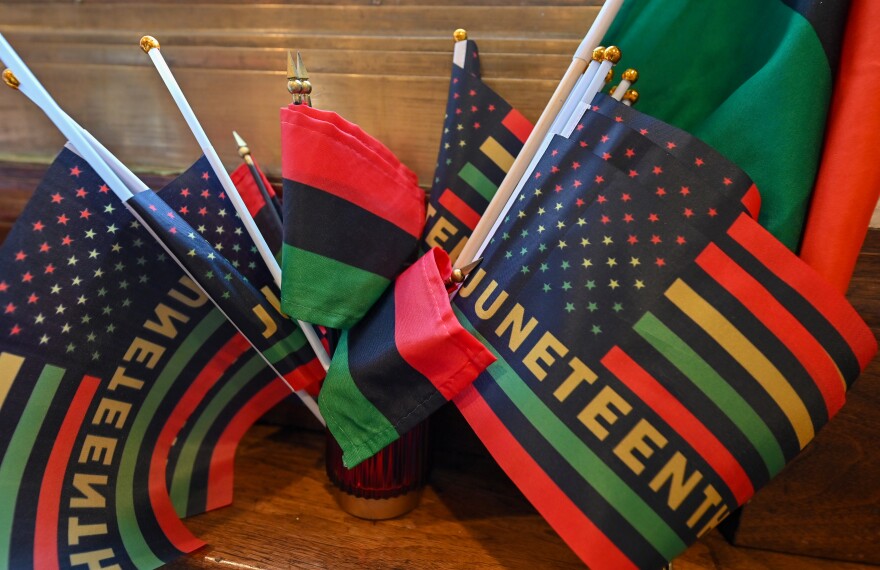 Juneteenth flags and other merch were available during Black Scranton Project's Juneteenth open house on June 19, 2026.