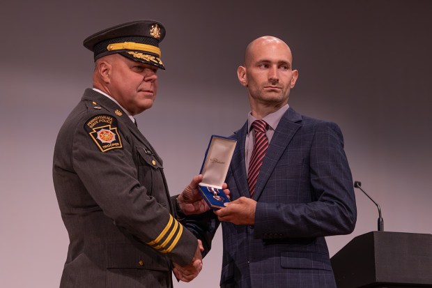 Lieutenant Colonel George L. Bivens presented Trooper William K. Jenkins III of Troop R, Gibson, with the Pennsylvania State Police Purple Heart on Monday, June 22, 2026, for injuries sustained in the line of duty. (Courtesy Pennsylvania State Police)