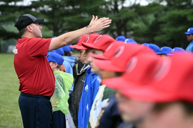 Pennsylvania State Police Trooper Dayton Dell of Troop L lines up the cadets at Camp Cadet in Camp Manatawny on Monday, June 22, 2026. (BILL UHRICH/READING EAGLE)