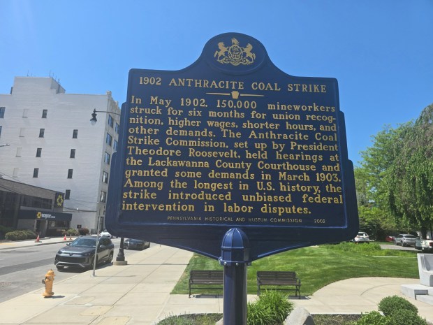 A historical marker on Courthouse Square in Scranton details the Anthracite Coal Strike. (CHAD SEBRING/STAFF PHOTO)