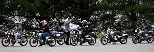 during a motorcycle safety course taught at Classic Harley-Davidson, 983 James Drive, Bern Township. (BILL UHRICH - READING EAGLE)
