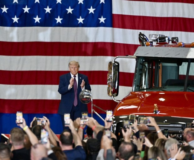 President Donald J. Trump speaks Tuesday, June 23, 2026, at Mack Truck in Lower Macungie Township. (April Gamiz/The Morning Call)