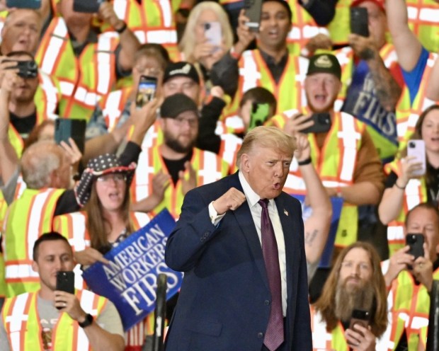 President Donald J. Trump speaks Tuesday, June 23, 2026, at Mack Truck in Lower Macungie Township. (April Gamiz/The Morning Call)