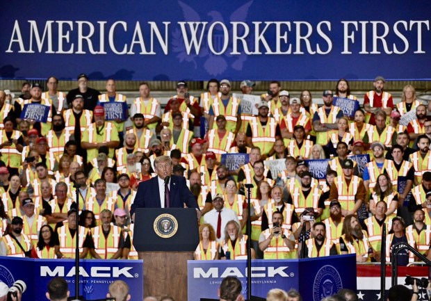 President Donald J. Trump speaks Tuesday, June 23, 2026, at Mack Truck in Lower Macungie Township. (April Gamiz/The Morning Call)