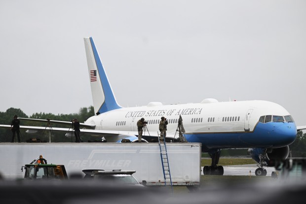 President Donald J. Trump arrives at Reading Regional Airport in Bern Township in the rain before proceeding to Mack Trucks in Lower Macungie Township, Lehigh County, on Tuesday, June 23, 2026.(BILL UHRICH/READING EAGLE)