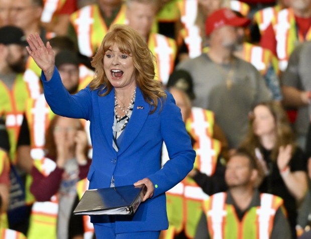 Pennsylvania Treasurer and Republican candidate for governor Stacy Garrity speaks Tuesday, June 23, 2026, before President Donald J. Trump takes the stage at Mack Truck in Lower Macungie Township. (April Gamiz/The Morning Call)