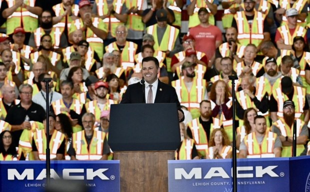 Rep. Ryan Mackenzie, R-7th District, speaks Tuesday, June 23, 2026, before President Donald J. Trump takes the stage at Mack Truck in Lower Macungie Township. (April Gamiz/The Morning Call)