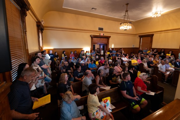 Residents pack Olyphant's council chambers for a meeting on Tuesday, June 9, 2026. (FRANK WILKES LESNEFSKY / STAFF PHOTO)