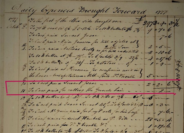 General Washington's personal account book also shows Frederick Wampole was paid an additional 1 pound 17 shillings and six pence for the inconvenience of his house used as military headquarters. (Image courtesy of Brian Hagey, original document via U.S. Library of Congress)