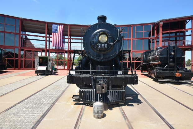 The Illinois Central #790 steam locomotive sits at Steamtown National Historic Site in Scranton Tuesday, June 9, 2026. (SEAN MCKEAG / STAFF PHOTOGRAPHER)