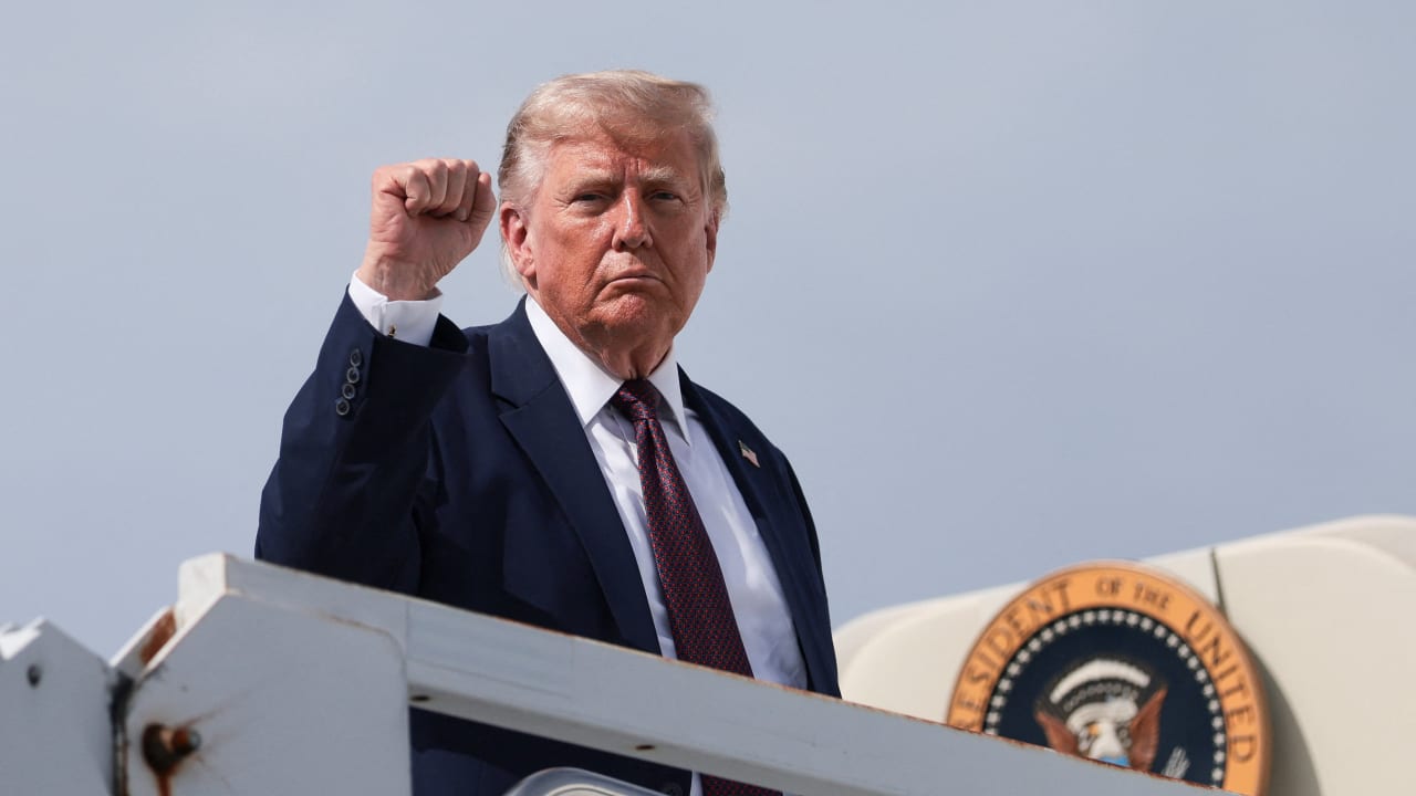 US President Donald Trump boards Air Force One as he departs Reading Regional Airport in Reading, Pennsylvania, US, June 23, 2026. 