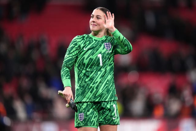England goalkeeper Mary Earps applauds the fans after the final whistle in an international friendly match at Wembley Stadium, London. 