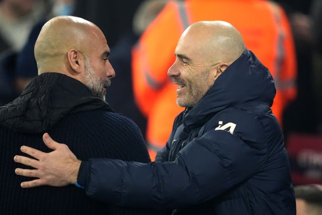 Enzo Maresca, right, and former Manchester City manager Pep Guardiola 