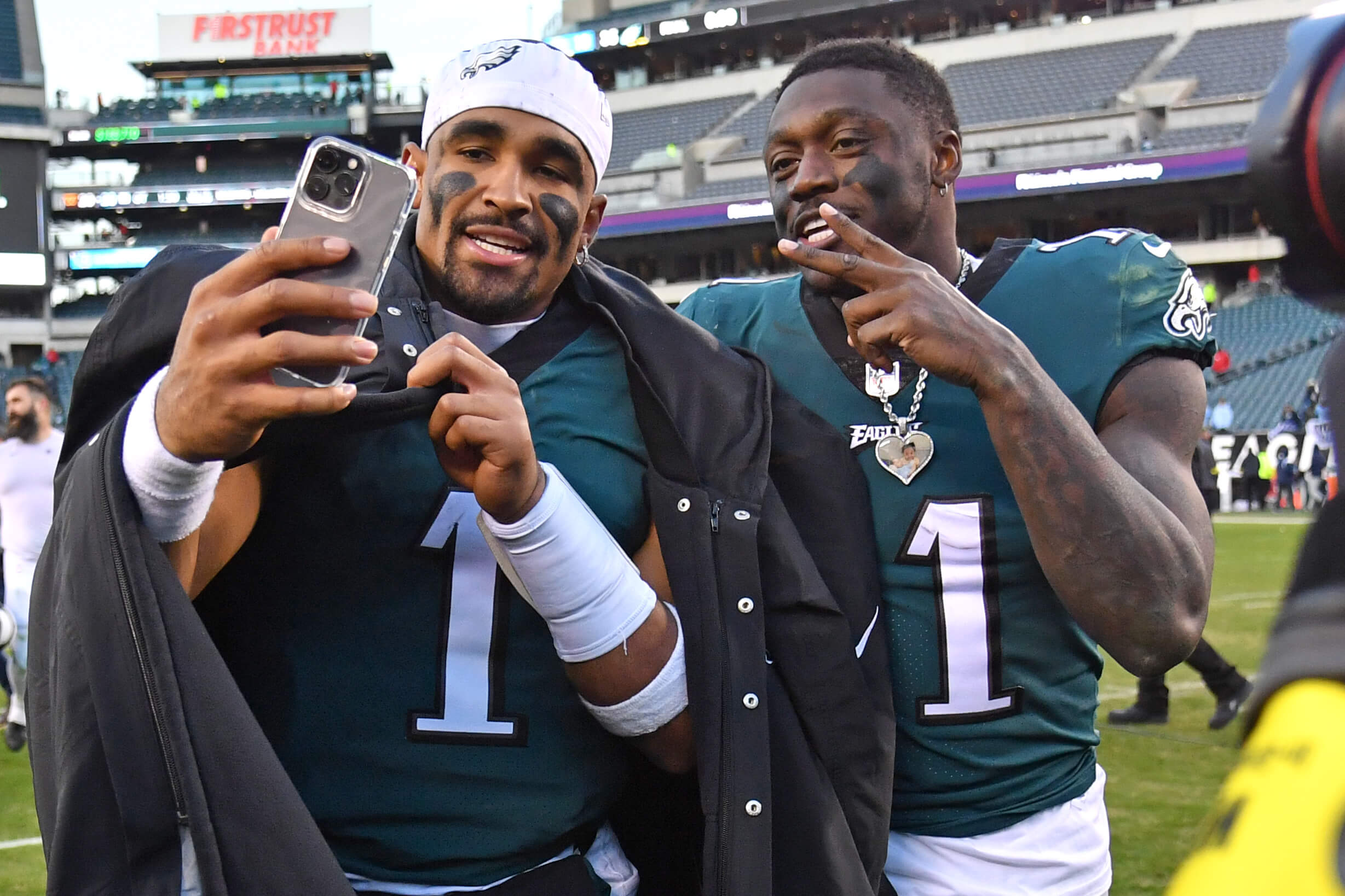 Philadelphia Eagles quarterback Jalen Hurts (1) and wide receiver A.J. Brown (11) walks off the field after win against the Tennessee Titans at Lincoln Financial Field on December 4, 2022.