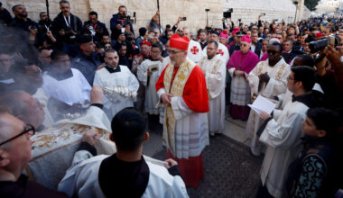 The Latin Patriarch of Jerusalem, Pierbattista Pizzaballa, leads a mass at the Church of Nativity in the Old City of Bethl...