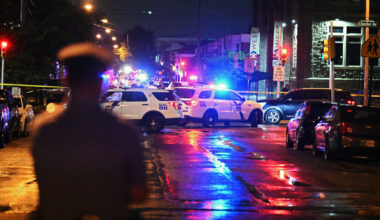Police work the scene of a shooting on July 3, 2023 in Philadelphia, Pennsylvania. Early reports say the suspect is in custody after shooting 6 people in the Kingsessing section of Philadelphia on July 3rd.