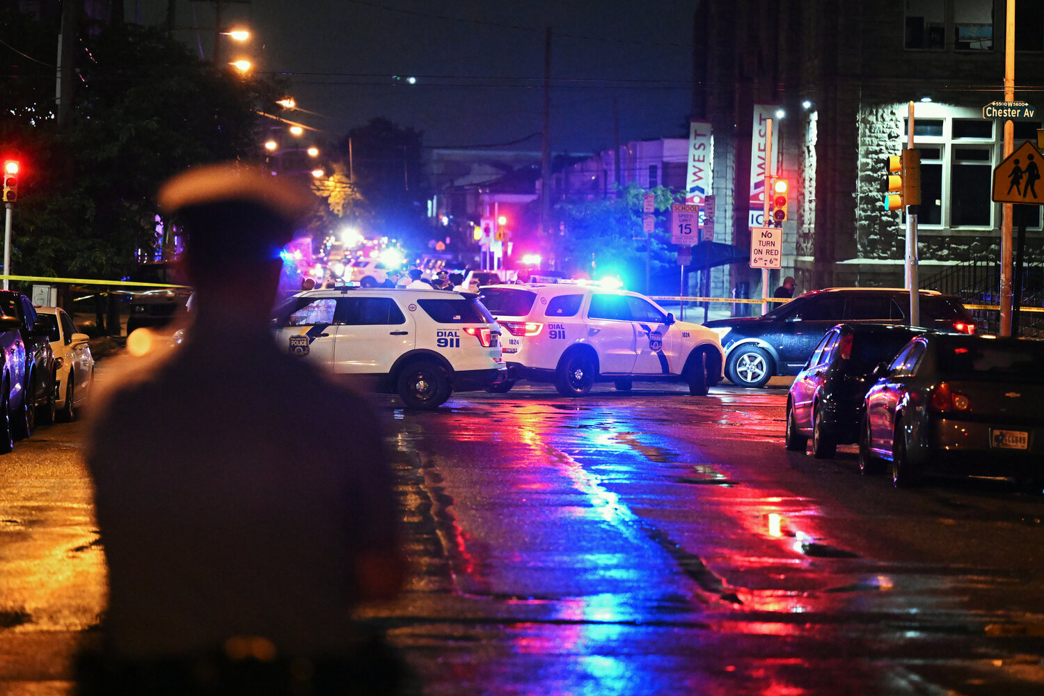 Police work the scene of a shooting on July 3, 2023 in Philadelphia, Pennsylvania. Early reports say the suspect is in custody after shooting 6 people in the Kingsessing section of Philadelphia on July 3rd.